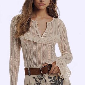 Anthropologie Cream Lace Blouse Ruffle Front Sheer Henley M Cuffs